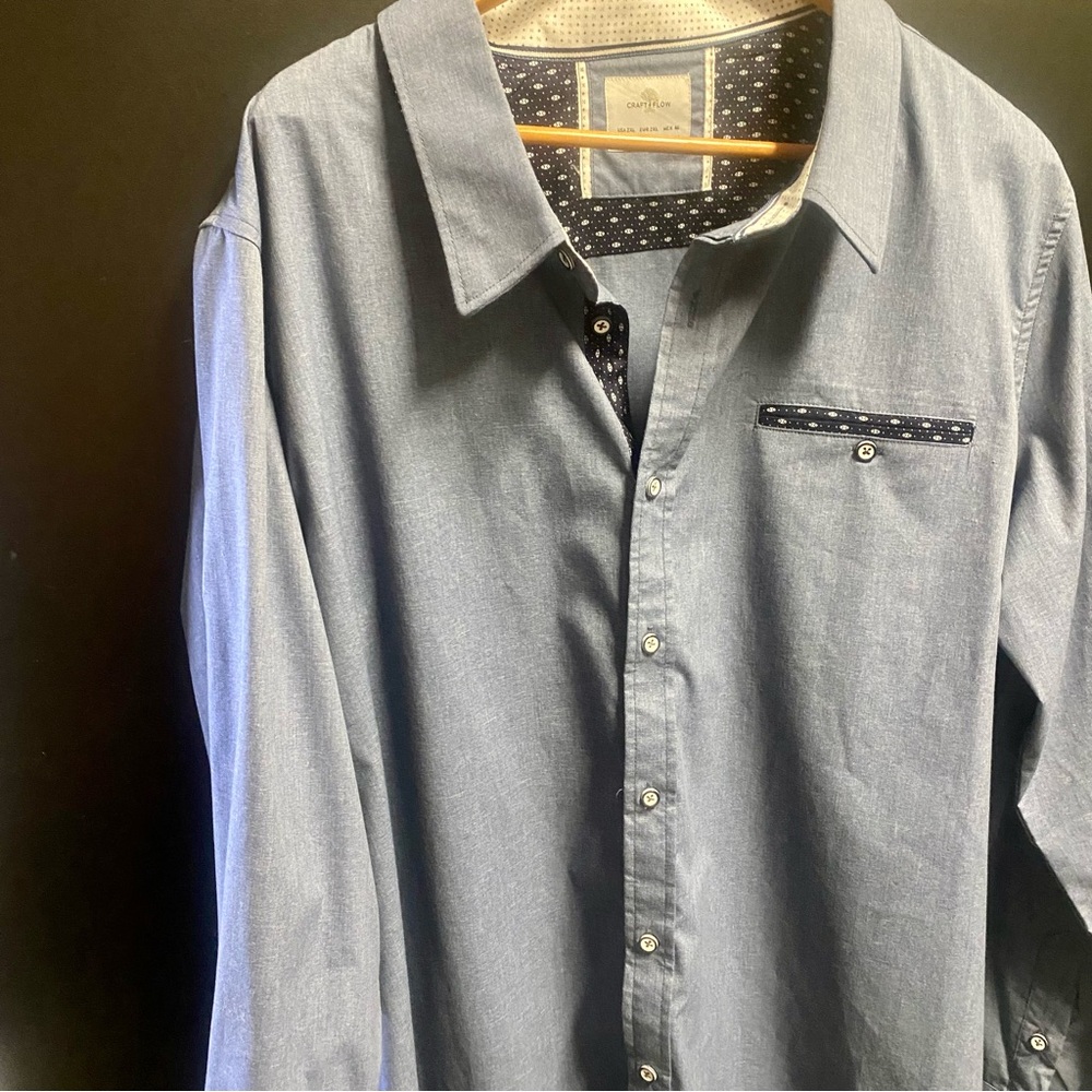 Blue Button-Up Shirt with Patterned Inner Collar